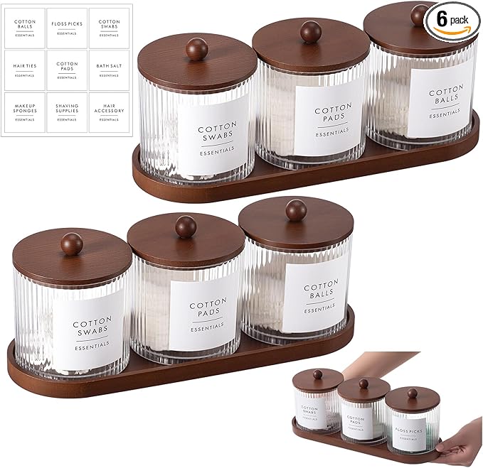 Vesici 6 Pack Bathroom Canisters Ribbed Apothecary Jars with Bamboo Lids 2 Bamboo Trays and 9 Label Stickers Cotton Swabs Holder Bathroom Organizer Storage Set Acrylic 18 oz Dispenser Container(Brown)