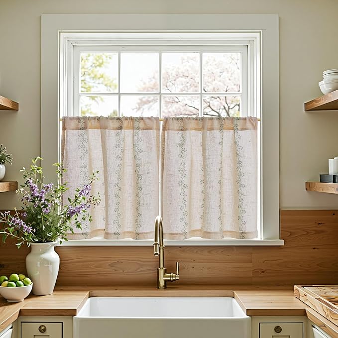 jinchan Katy Linen Floral Kitchen Curtains 24 Inches Length Stripe Cafe Curtains Farmhouse Cottagecore Tier Small Window Drapes for Living Room Light Filtering Rod Pocket 2 Panels Sage Green on Linen