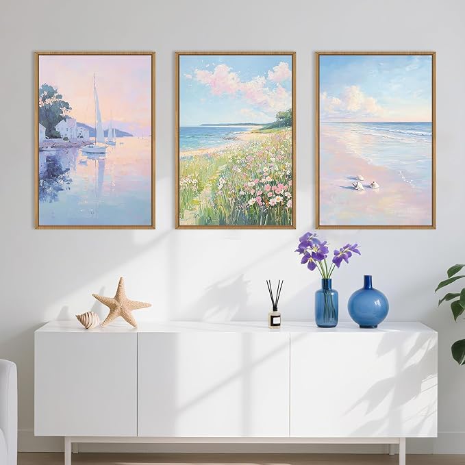 Pink Beach Dreamy Coastal Framed Canvas Wall Art Set,Watercolor Colorful Floral Sailboat Seascape Wall Decor,Soft Preppy Pastel Wildflower Artwork for Living Room,Farmhouse- 16"x24"x3