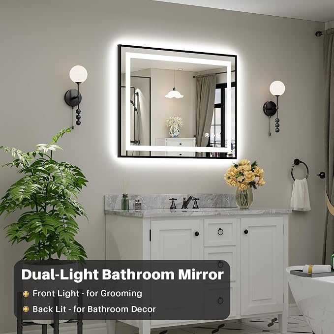 40x32 Inch LED Bathroom Mirror with Black Frame, Backlit & Front Lit, Anti-Fog Lighted Bathroom Vanity Mirror for Wall, Memory Function, Dimmable, HD Tempered Glass, Shatter-Proof