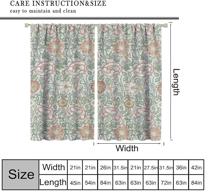 William Morris Floral Window Curtains, Watercolor Vintage Flower Art Style Blackout Window Treatments, for Bedroom Living Room 21(W)*45(L) 2 Panels