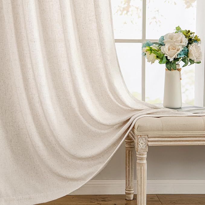 MIULEE Non-See-Through Privacy Linen Curtains 2 Panels, Light Filtering Window Curtains Farn House Textured Back Tab Semi Sheer Drapes for Bedroom Living Room, 52 x 96 Inches Long, Cream