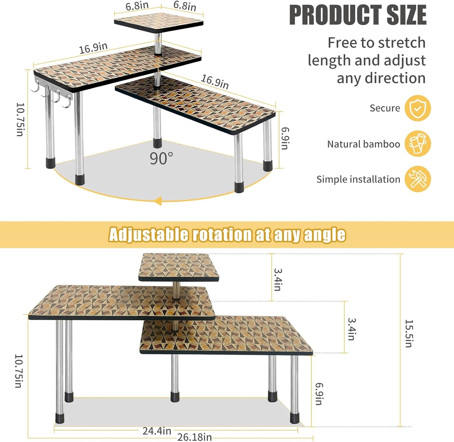 HYNAWIN 3-Tier Countertop Shelf,Desktop Storage and Organization,Bamboo Corner Shelf Over the Table With Printed Pattern-Adjustable Rack with Double Legs for Kitchen,Bed Room, Office