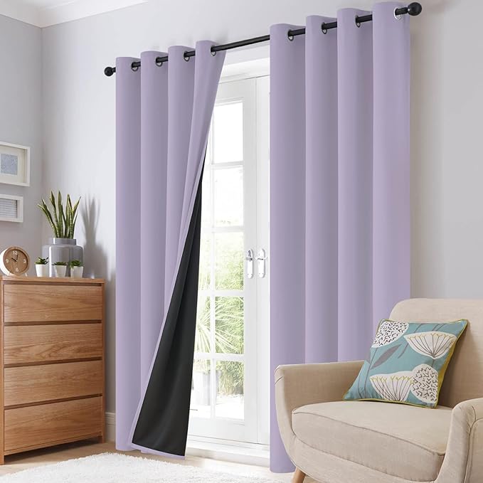 SimpleHome 100% Blackout Curtains for Bedroom,Thermal Insulated Lilac Grommet Window Drapes Room Darkening Curtains for Living Room with Black Back,52 x 45 Inch,2 Panels
