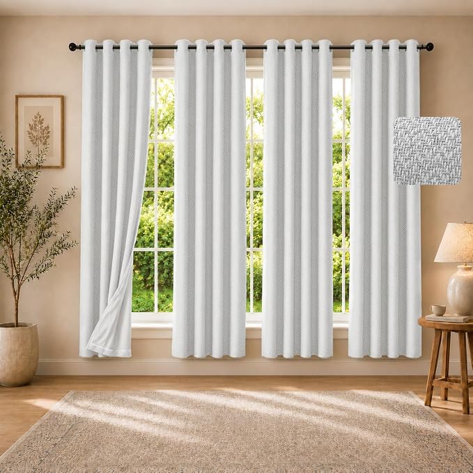 4 Panels 100% Blackout Linen-Textured Curtains, Thick Thermal Insulated Grommet Drapes with Subtle Herringbone Weave, Luxury Decor for Bedroom/Living Room, 54 x 72 Inches, Off-White