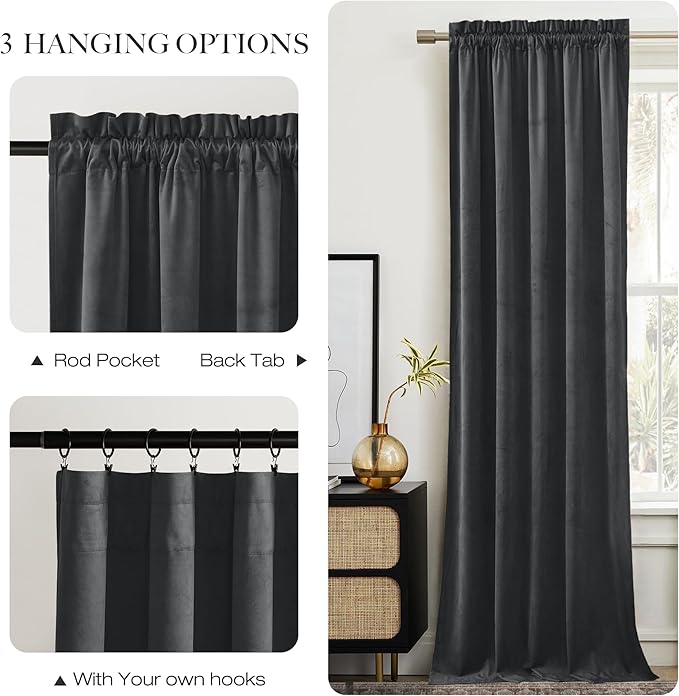 NICETOWN Living Room Grey Velvet Curtains, Sound and Sunlight Reducing Heavy Matt Rod Pocket Drapes/Panels for High Celling Wall (2 Panel Per Pack, 102 inches Long)