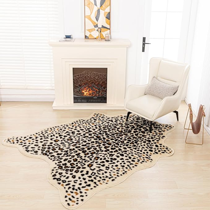 Cheetah Rug, Leopard Print Rug 5.2x6.6 Faux Animal Print Carpet Cheetah Area Rug for Bedroom Living Room Cowhide Fur Hide Multicolor