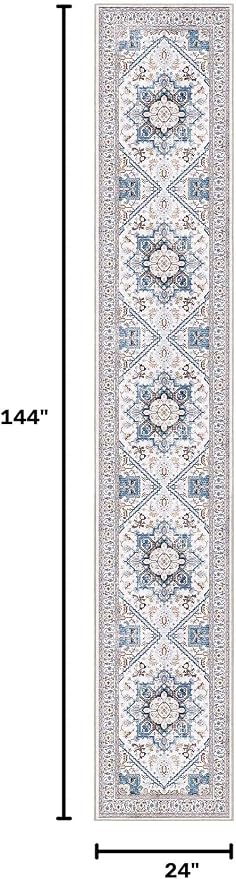 OPPODREAM Soft Entryway Rug 2x12, 2x12 Rug Runner, Neutral Washable Hallways Carpet 2 x 12 with Non Slip Backing, Low-Pile Bedside Carpet 2 x 12, Long, Faux Cashmere, Cream White & Blue & Light Brown