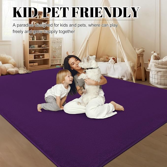 qulint 4x6 Area Rug for Bedroom, Modern Dark Purple Carpet for Living Room Thickened Memory-Foam Indoor Washable Rug, Minimalist Solid Non Slip Carpet for Boys Girls Kid Room Nursery Home Decor