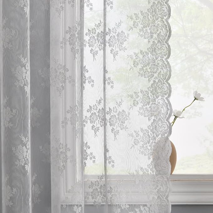 Kotile Grey Lace Curtains 84 Inch Length 2 Panels Set for Living Room, Country Rustic Floral Pattern Grey Sheer Curtains for Bedroom, Rod Pocket Privacy Vintage Sheer Curtains, 52 x 84 Inch, Grey