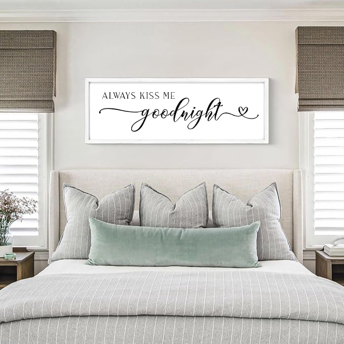Always Kiss Me Goodnight Wall Sign 42''×15'' Large Above Bed Wall Decor Bedroom Sign Bedroom Decor with Solid Wood Framed, Couples Love Theme Wall Decor (White)