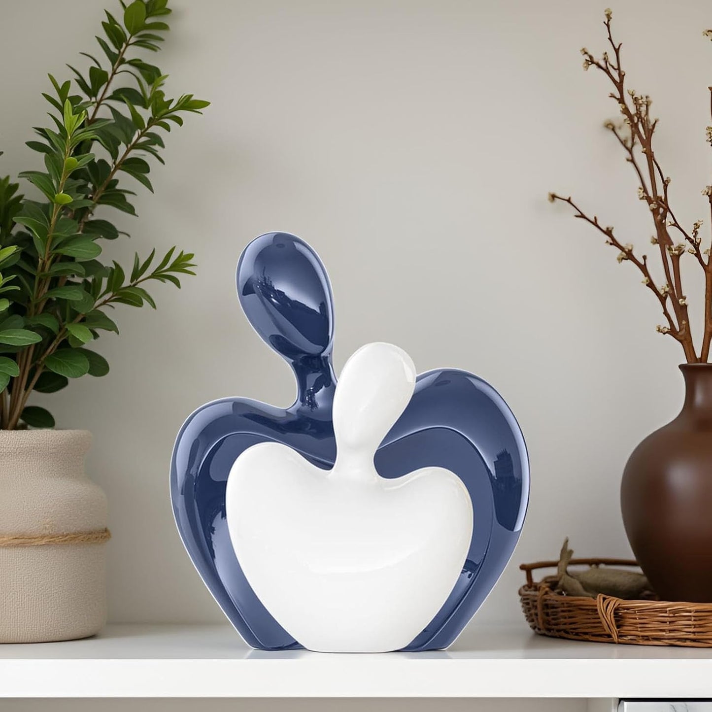 XMGZQ Blue and White Ceramic Couple Figurines Home Decor Accent,Wedding Engagement Romantic Gift for Husband Wife,Large Male and Female Love Statue Valentine's Day Birthday,Abstract Hugging Couple