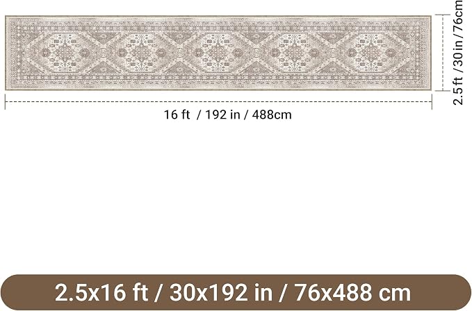 2'6" x 16'Non Slip Runner Rugs - Runners for hallways, Kitchen,Entryway,Stain Resistant Washable Rugs for Bedroom, Indoor Vintage Area Rugs (Brown/Beige,2'6" x 16')