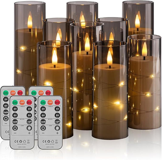 18 Pack Flameless Battery Operated LED Candles with Remote and Timer, Flickering Candles with Embedded Star String for Romantic Ambiance and Home Decoration, Stable Acrylic Shell (Grey)