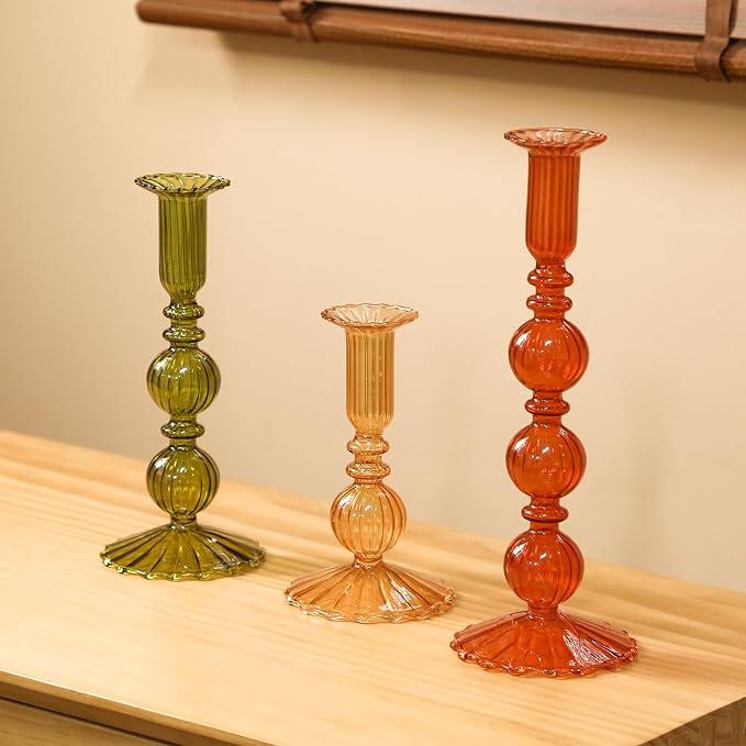 Mumufy 3 Pcs Fall Glass Candlestick Holders Thanksgiving Ball Shaped Glass Taper Candle Holder Amber Olive Honey Gold Fall Candle Stick Vase Decor for Holiday(5.9, 7.9, 10 inch,Vivid)