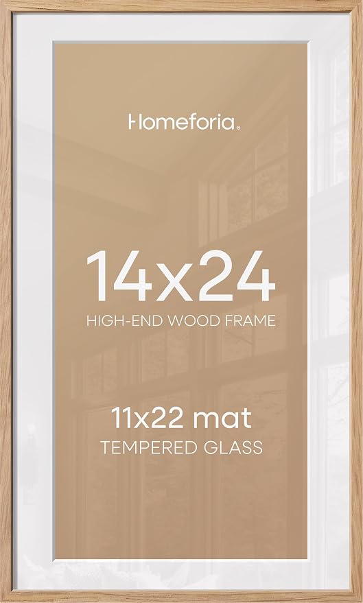 Homeforia 14x24 Picture Frame Natural Wood, High End Oak 14x24 Light Wooden Poster Frame with Mat 11x22, 14 x 24 Frames Matted to 11 x 22 Photo, 24x14 Hanging Frame, Tempered Glass, Wall Kit, Set of 3