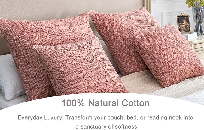 18x18 Throw Pillow Covers Set of 2 Boho Decorative Pillow Shams Stone Washed Cotton Pillowcase Waffle Square for Couch Sofa Chair Bed Car,Coral Pink
