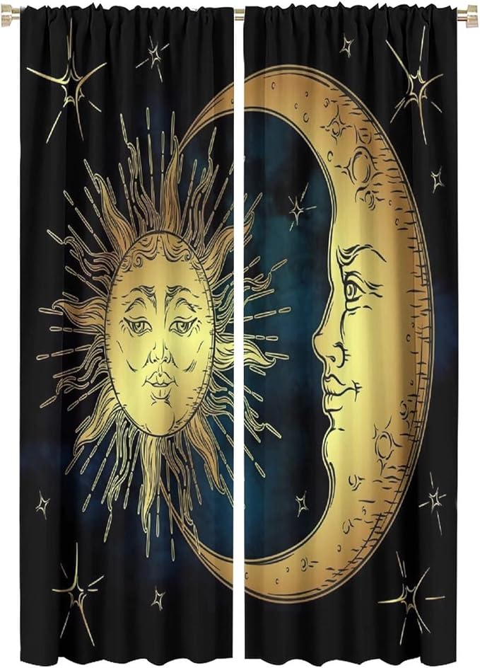 Sun Moon Blackout Windows Curtains, Boho Chic Art Golden Sun Moon and Stars Over Blue Black Sky Antique Style Curtains, for Living Room Bedroom 42x63in 2 Panels