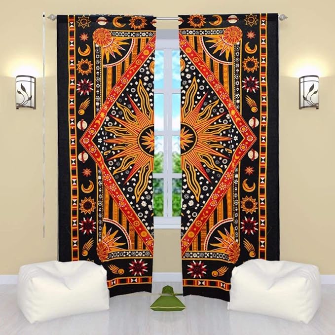 Popular Handicrafts Indian Burning Sun Hippie Mandala Window Curtains - Gypsy Bohemian Sun Moon Beautiful Drapery Bedroom Living Room Balcony Valance Panels Golden