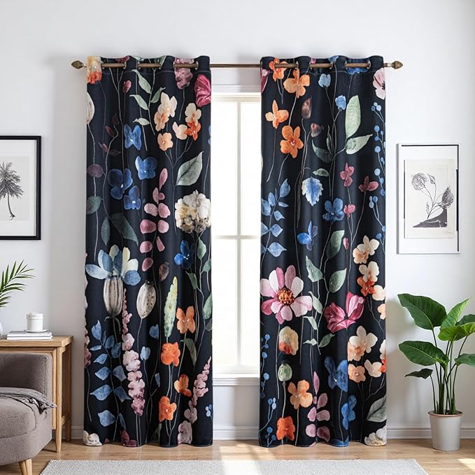 Floral Blackout Curtains 84 inches Long 2 Panels Set, Rustic Vintage Flowers Blossom Patterned Print Thermal Insulated Window Treatment Drapes Room Darkening for Bedroom Living Room 42x84 inch
