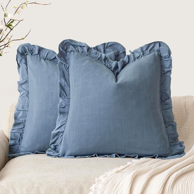Foindtower Set of 2 Decorative Linen Fringe Ruffle Throw Pillow Covers Soft Boho Farmhouse Cushion Cover Cozy Accent Retro Pillowcase for Couch Sofa Bed Living Room Home Decor,20×20 Inch,Coronet Blue