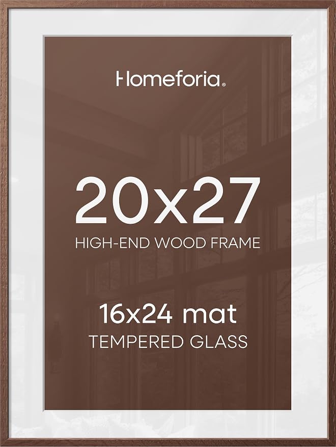 Homeforia 20x27 Picture Frame Brown, High End Dark Oak 20x27 Poster Wood Frame with Mat 16x24 for Photo, 20 x 27 Wooden Walnut Frame Matted to 16 x 24, 27x20 Frames, Tempered Glass, Wall Kit, Set of 2