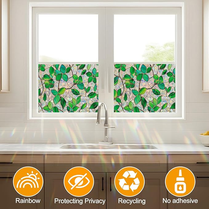 COUNTEWOL Window Privacy Film with Installation Tools Home Decorative Colored Glass Window Stickers Reusable electrostatic Rainbow Stickers (Greenery Leaf, 45.2 x 78.7 in)