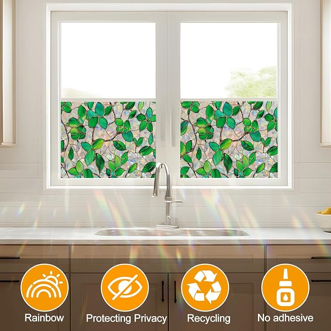 COUNTEWOL Window Privacy Film with Installation Tools Home Decorative Colored Glass Window Stickers Reusable electrostatic Rainbow Stickers (Greenery Leaf, 45.2 x 157.4 in)