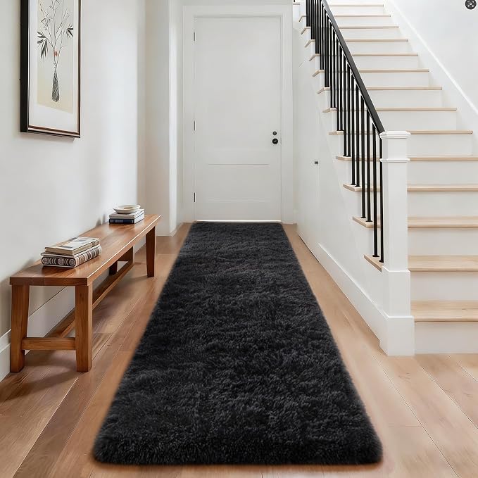 Ophanie Runner Rug for Hallway, 3x8 Washable Non-Slip Fluffy Soft Bedside Rugs, Bedroom Living Room Shaggy Carpet for Kids Girls Boys Dorm Nursery Decor Aesthetic, Black with Over 99 pcs Pile fibers