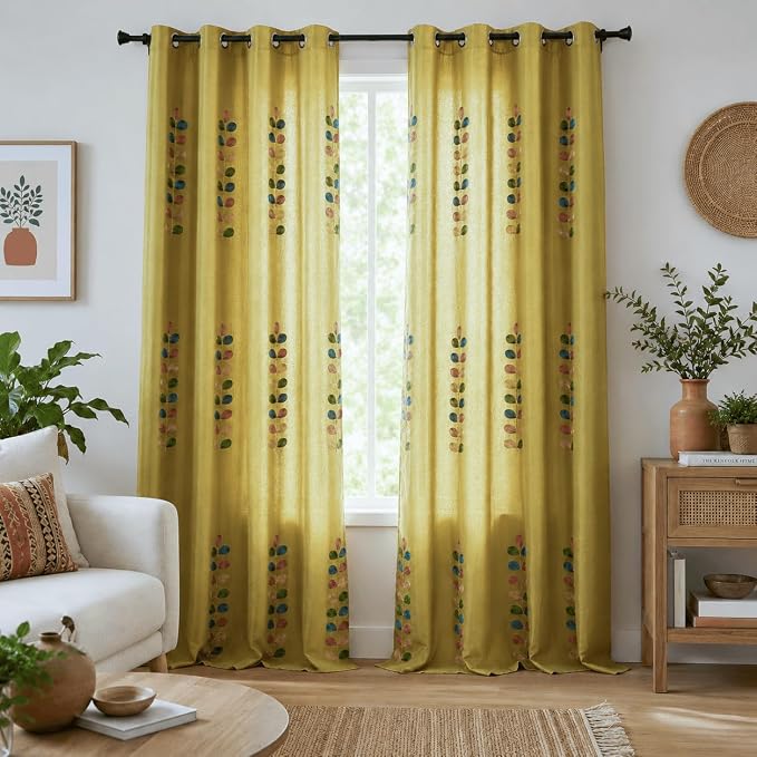 VOGOL Linen Curtains 84 Inch Length, Colorful Leaves Embroidered Window Drapes for Living Room/Dining Room, Top Grommet, W52 X L84, 2 Panels