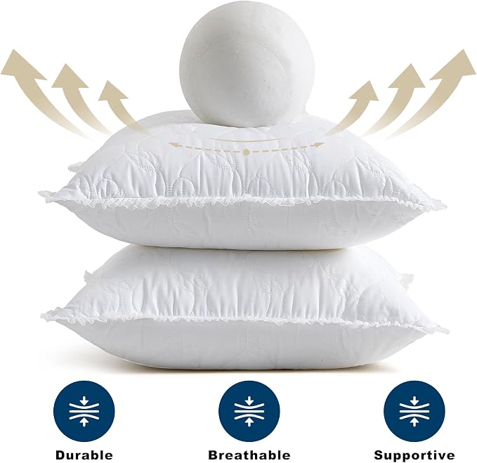 18 x 18 Throw Pillow Inserts with Lace Edge - Soft and Fluffy, Breathable Quilted Cotton Fabric - Decorative Pillows for Couch Sofa Bed, White, Pack of 2