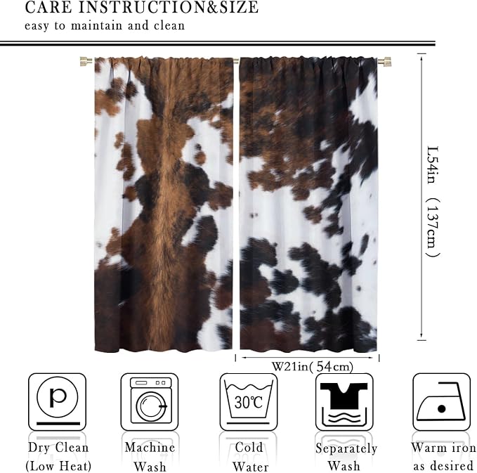 Cow Print Blackout Curtain,Brown White Cowhide Animal Fur Western Rustic Farmhouse Style Window Treatments Rod Pocket Curtain for Bedroom Living Room Kitchen Decor Drapes 42x54in