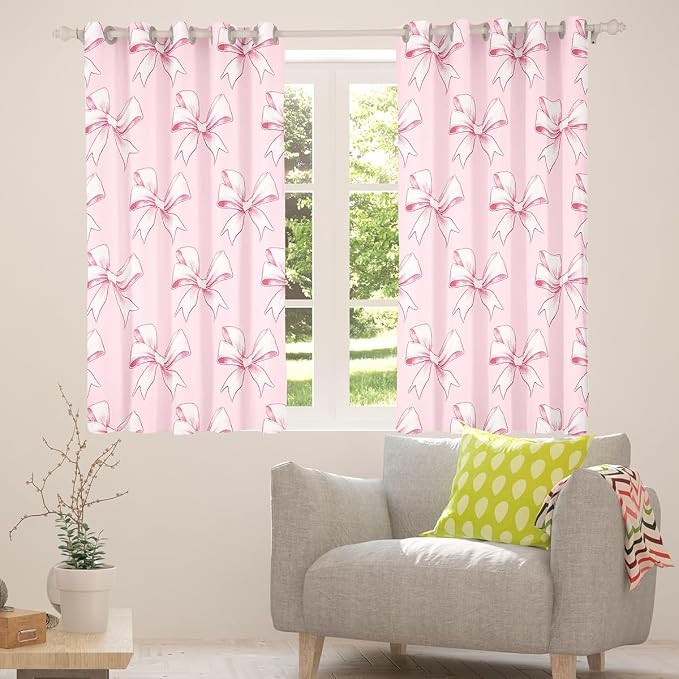 Erosebridal Pink Bowknot 52" Wx63 L Window Curtain for Girls,Kawaii Bowknot Kids Curtain Watercolor Lovely Bows Window Treatments Cute Bow Tie Princess Curtains & Drapes for Teen Women
