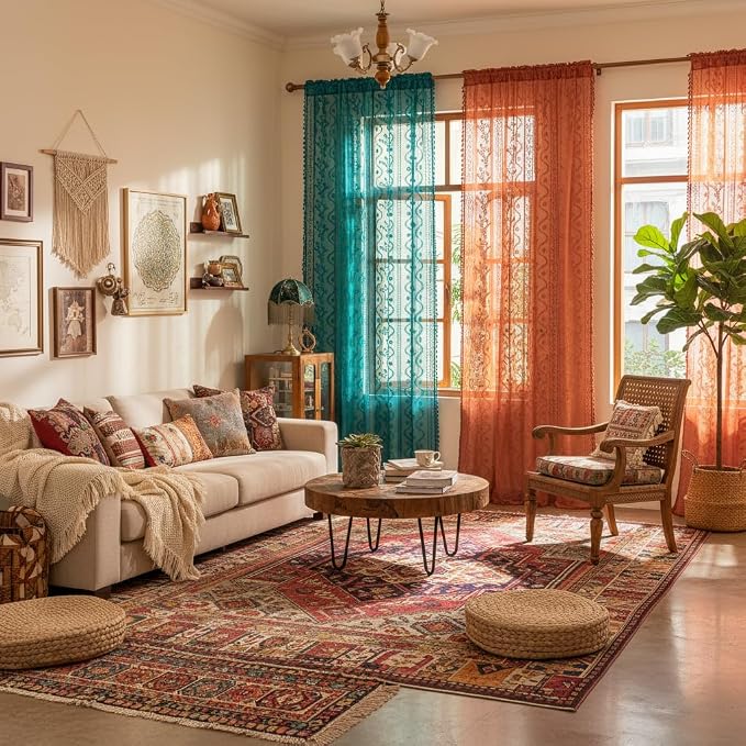 WAZZIO Boho Lace Curtains 2 Panels 84 Inch -Victorian Sheer Panel Drape French Country Floral Pattern & Tassel Light Filtering Privacy for Bedroom Dining Living Room,Coastal Decor,Teal,W52x L84