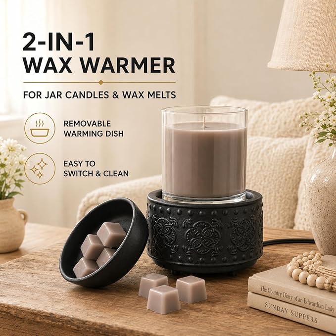 Mocosa Ceramic Wax Warmer Wax Melt Warmer for Scented Wax 3-1 Electric Candle Warmer Home Fragrance Wax Burner Perfect Christmas Gifts for Mom Women(Black-Granular)