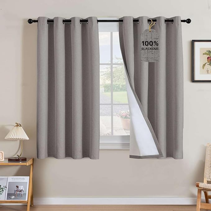 H.VERSAILTEX Linen Curtains 100% Blackout Curtains for Bedroom 54 inch Long Full Light Blocking Nature Linen Blended Window Curtains for Living Room Nickel Grommet (2 Panels, Heathered Dove)