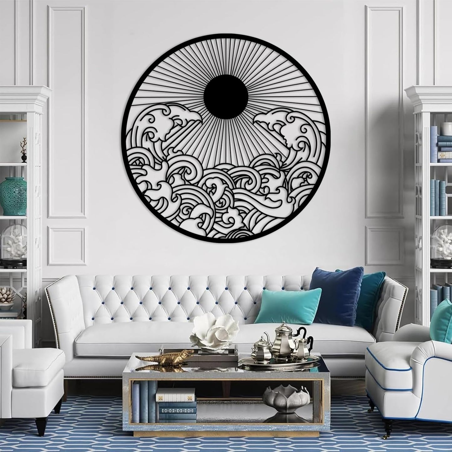 flyoak Metal Sun Wall Decor Outdoor, Sunrise Metal Wall Art, Metal Wave Wall Art, Sunrise and Wave Wall Decor, Sunburst Wall Art, Sunset Wall Art, Wall Hangings for Bedroom (Silver, 24x24in|60x60cm)