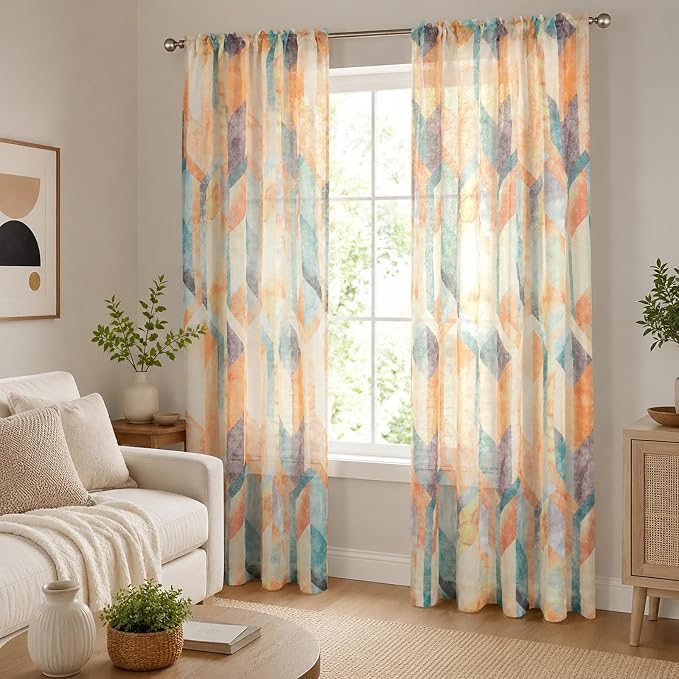 Leeva Airy Sheer Curtains 84 inches Long 2 Panels Set, Rod Pocket Orange Geometry Print Pattern Voile Sheer Drapes for Living Room Bedroom, 52" W x 84" L