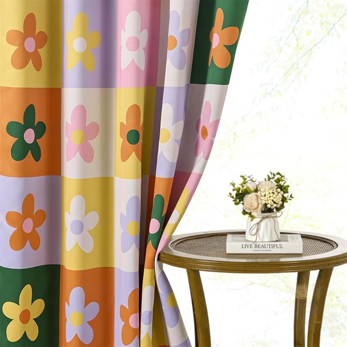 RoomTalks Checkered Floral Blackout Window Curtains for Bedroom Living Room 84 Inches Length 2 Panels, Colorful Retro Daisy Flowers Cute Curtain Panels Funky Aesthetic Dorm Window Drapes