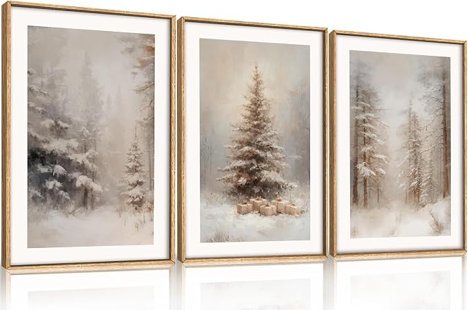 Vintage Christmas Tree Snowy Woodland Framed Canvas Wall Art Set,Modern Rustic Frosty Winter Landscape Wall Decor,Natural Snow Covered Pine Forest Artwork for Xmas Bedroom,Farmhouse-16 x24 x3