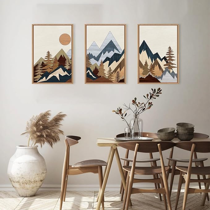 HOURIA Mid Century Mountain Woodland Framed Wall Art Set,Boho Sunrise Pine Tree Wall Decor,Wilderness Nature Forest Artwork,Modern Woodcut Field Art Print for Living Room,Bedroom,Office- 16"x24"x3