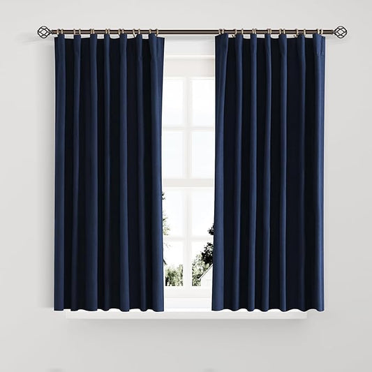 Joywell 100% Blackout Linen Curtains 45 Inches Long for Cafe Kitchen 2 Panels Set Black Out Curtain Light Blocking Drapes for Bathroom Small Short Window Back Tab Hook Belt 52 x 45,Navy Blue