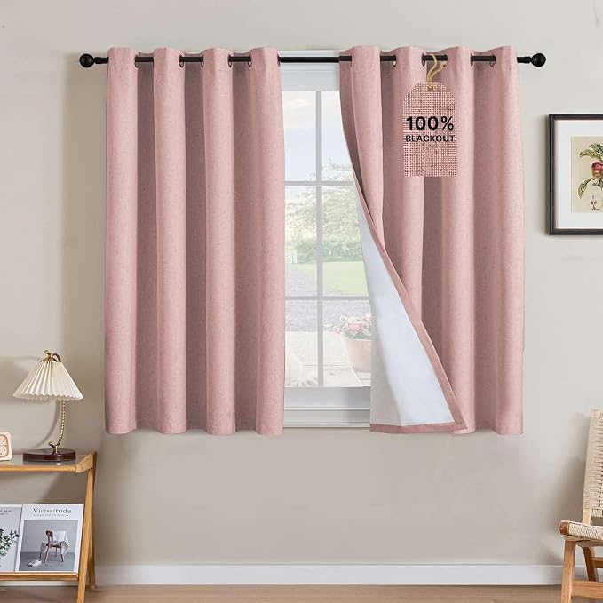 H.VERSAILTEX Linen Curtains 100% Blackout Curtains for Bedroom 45 inch Long Full Light Blocking Nature Linen Blended Window Curtains for Living Room Nickel Grommet (2 Panels, Heathered Baby Pink)