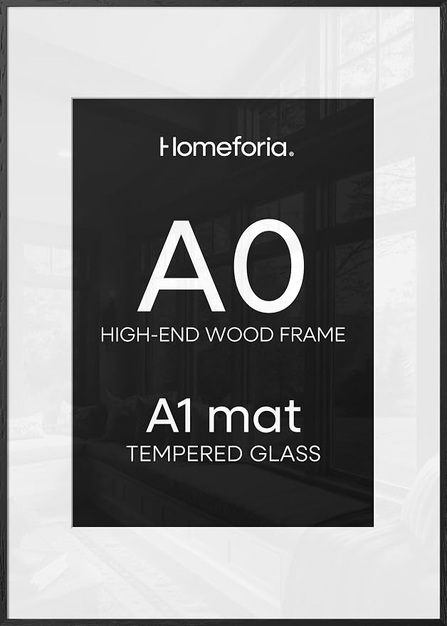 Homeforia Black Wood A0 Frame, High End Oak 33.1 x 46.8 Black Wooden Poster Frames Matted to 23.4 by 33.1 inches Photo, A0 Size Large Wood Picture Frame with Mat A1, Tempered Glass, Wall Kit, Set of 2