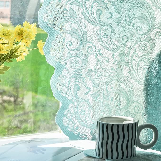 ALIGOGO Mint Green Curtains, 84 Inch Long, 2 Panels - Vintage Ocean Coastal Lace Sheer Floral Curtains for Living Room, Summer Beach Themed, Seafoam Aqua Color, Rod Pocket, 52 x 84 Inch, Aqua/Mint