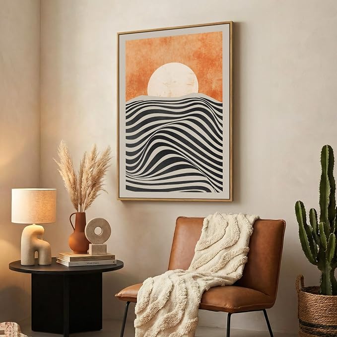 Framed Mid Century Modern Sunset Wall Art for Living Room, Abstract Boho Orange Sun Canvas Paintings Prints Artwork for Walls, Vertical Bohemian Pictures Wall Decor for Bedroom Home Office, 24x36 Inch