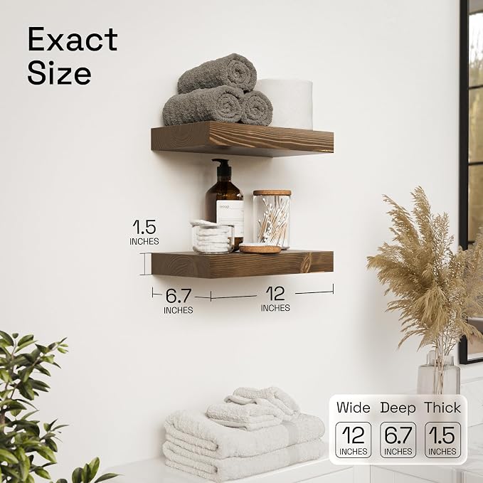 Solid Wood Floating Shelves for Wall 12 Inch Walnut, Small Wooden Shelf | Real Wood, Wall Mounted, Rustic, Bedroom Kitchen Bathroom Living Room, Walnut Finish, 12W x 6.7D, Set of 2