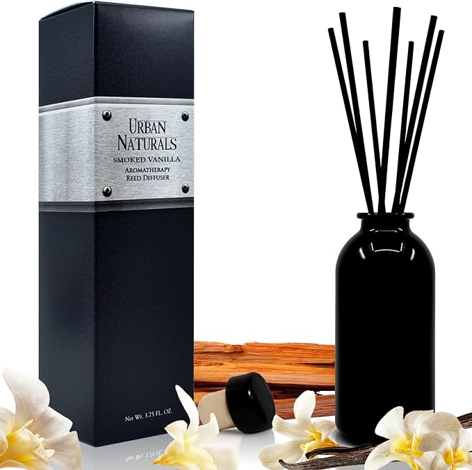 Urban Naturals Reed Diffuser Set, Smoked Vanilla - Bathroom Shelf Décor | Vanilla Bean, Sandalwood & Leather, Made in the USA