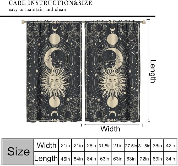 Sun Moon Blackout Curtains, Bohemia Retro Moon Phase Gothic Rod Pocket Window Treatment Drapes for Bedroom Living Room 63" W X 72" L