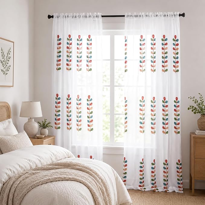 VOGOL Sheer Curtains 96 Inches Long, Colorful Leaves Embroidered Semi Sheer Rod Pocket Drapes for Living Room/Bedroom, 52 X 96, 2 Pieces